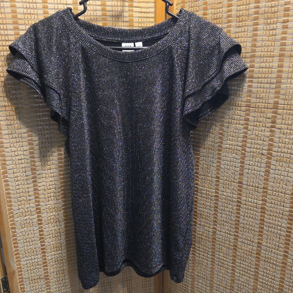 NWT GAP Black Metallic Short-Sleeve Ruffle Knit Top